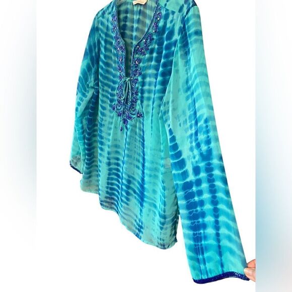 Soft Surroundings M* Turquoise Blue Beaded Sequin Tie-Dye Semi-Sheer Swim Cover - Picture 3 of 7